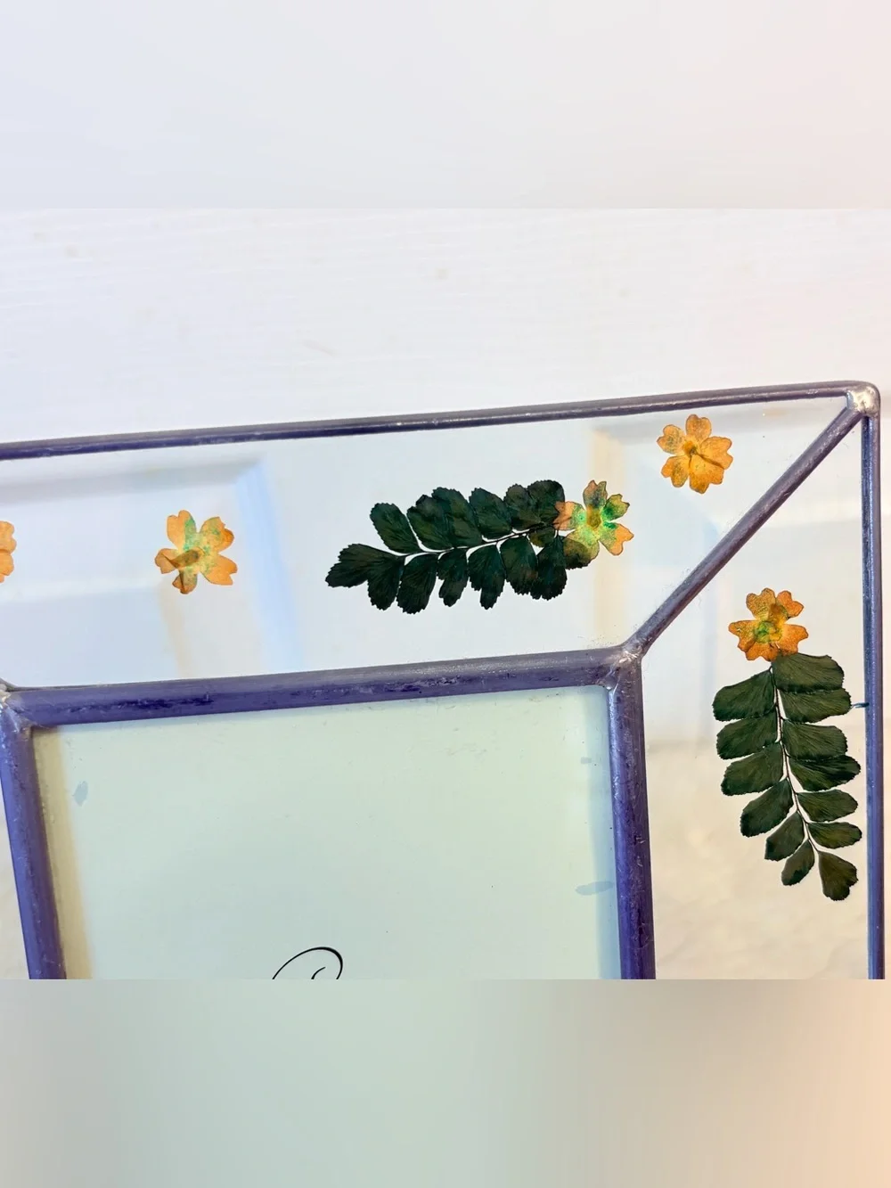 Vintage Carr Pressed flowers and fern glass Cottagecore picture frame~ 4”x6”